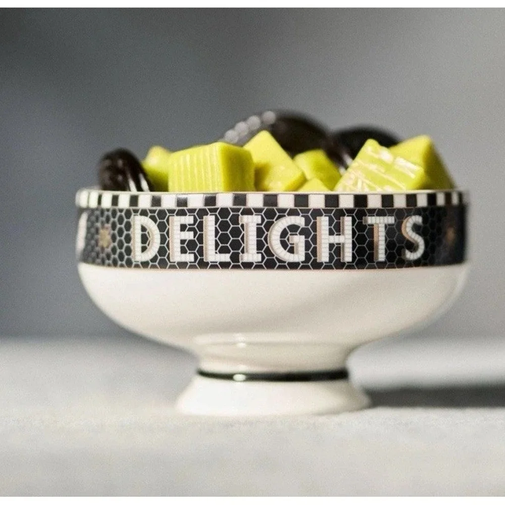 Anthropologie Bistro Tile Nut Bowl Set 2 Halloween Witch Cat & Bat Dessert Black